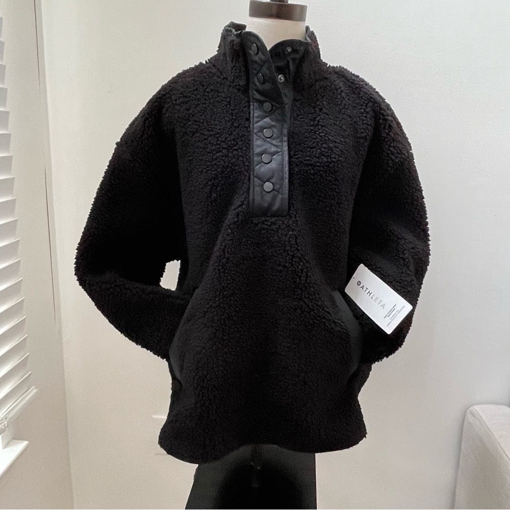 NWT Athleta Cozy Sherpa Snap Sweatshirt Black Size XL Oversized - Picture 3 of 16
